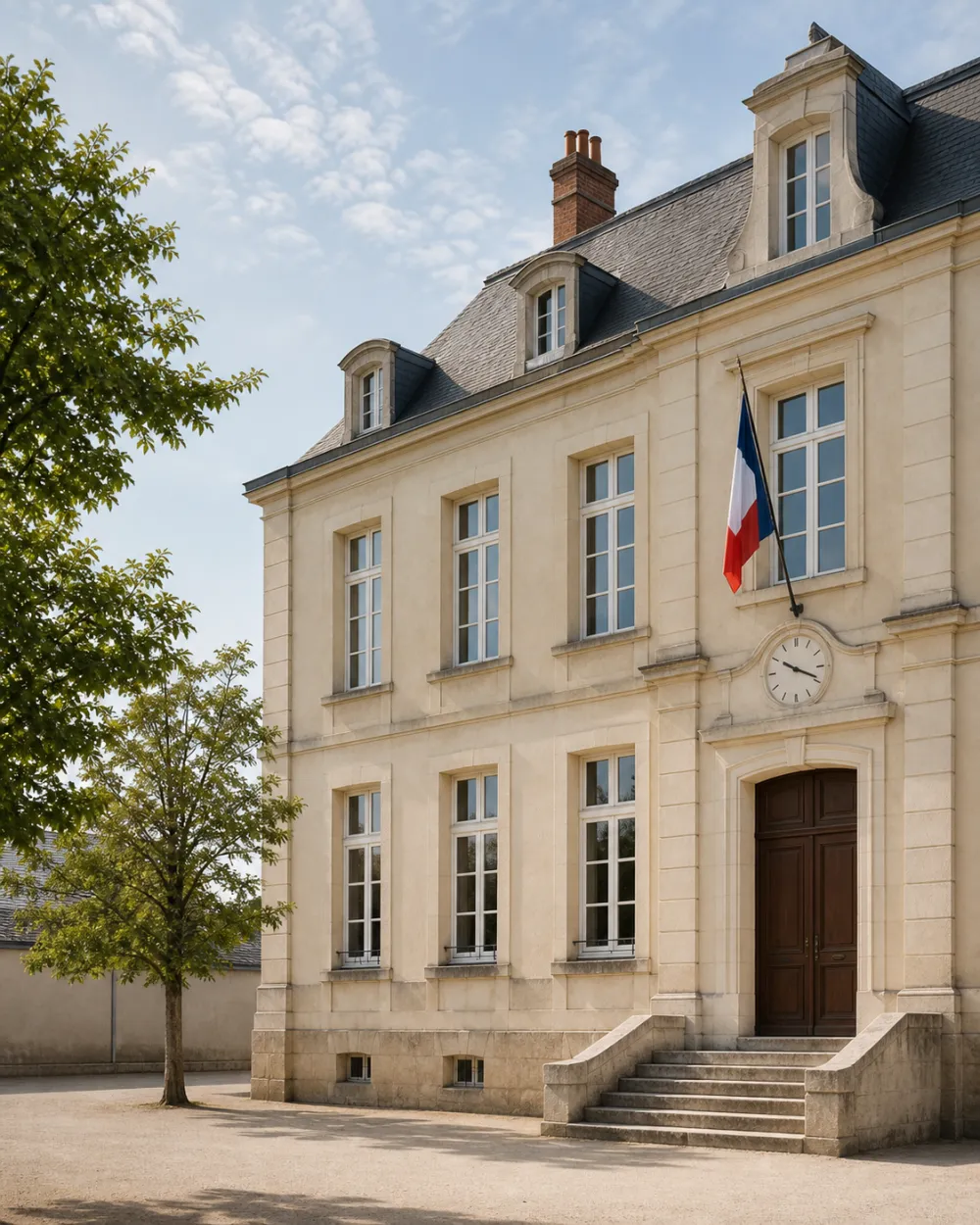 Façade d'un établissement scolaire public français vue depuis la cour